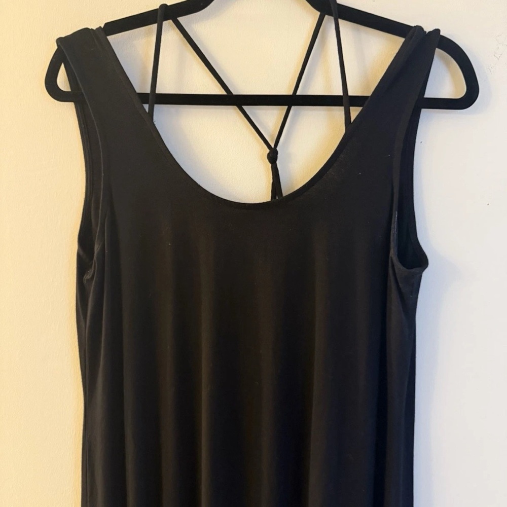 EILEEN FISHER Black Scoop Neck Jersey Knit Strappy Racerback Slit Midi Dress SzS